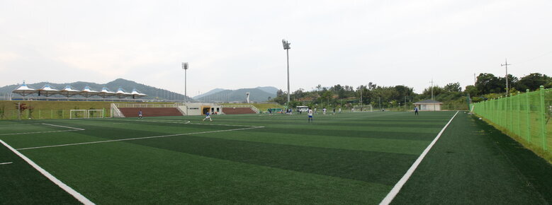 인조잔디구장을 코너에서 찍은 사진. 초록색 인조잔디위에 축구경기를 하고 있는 사진.