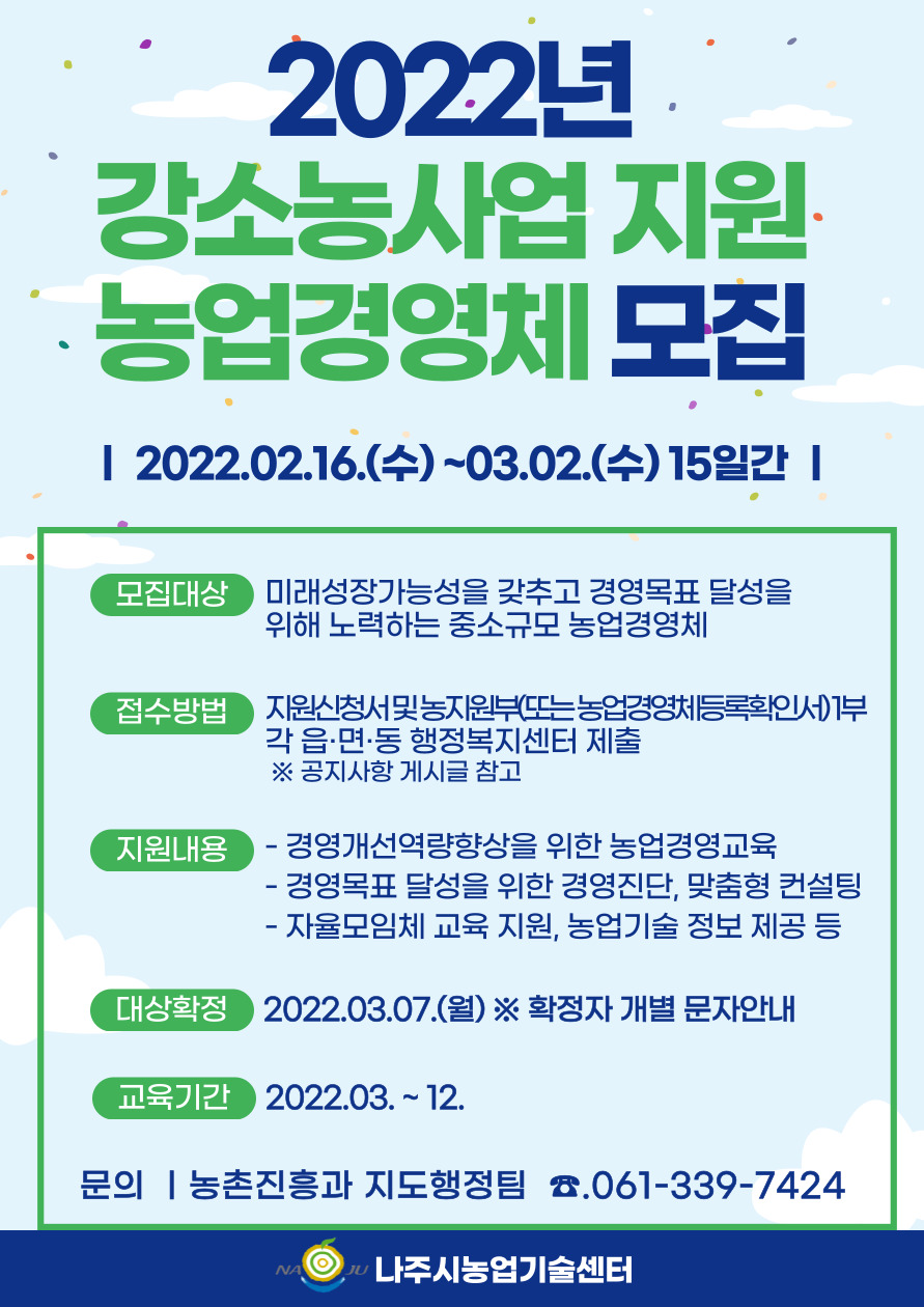 2022년 강소농사업 지원 농업경영체 모집  2022.02.16.(수)~03.02.(수) 15일간 모집대상 미래성장가능성을 갖추고 경영목표 달성을 위해 노력하는 중소규모 농업경영체 접수방법 지원신청서및농지원부(또는농업경영체등록확인서)부 각 읍·면·동 행정복지센터 제출 지원내용 ※공지사항 게시글 참고 경영개선역량향상을 위한 농업경영교육 경영목표 달성을 위한 경영진단, 맞춤형 컨설팅 -자율모임체교육 지원, 농업기술정보 제공 등 대상확정 2022.03.07.(월) ※ 확정자 개별 문자안내 교육기간 2022.03. ~ 12. 문의 |농촌진흥과 지도행정팀.061-339-7424 NA 나주시농업기술센터