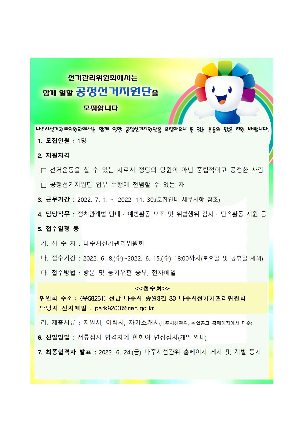 선거관리위원회에서는 함께 일할 공정선거지원단을 모집합니다. 나주시 선거관리위원회에서는 함께 일할 공정선거지원단을 모집하오니 뜻 있는 분들의 많은 지원 바랍니다. 1.모집인원: 1명 2.지원자격: -선거운동을 할 수 있는 자로서 정당의 당원이 아닌 중립적이고 공정한 사람 -공정선거지원단 업무 수행을 전념할 수 있는 자 3.근무기간: 2022.7.1~2022.11.30(모집안내 세부사항 참조) 4.담당직무: 정치관계법 안내·예방활동 보조 및 위법행위 감시·단속활동 지원 등 5.접숙일정 등 가. 접수처: 나주시선거관리위원회 나.접수기간: 2022.6.8(수)~2022.6.15(수) 18:00까지(토요일 및 공휴일 제외) 다.접수방법: 방문 및 등기우편 송부, 전자메일 -접수처: 위원회 주소: (우58261) 전남 나주시 송월3길 33 나주시선거관리위원회 담당자 전자메일: park9203@nec.go.kr 라.제출서류: 지원서, 이력서, 자기소개서(나주시선관위, 취업공고 홈페이지에서 다운) 6. 선발방법: 서류심사 합격자에 한하여 면접심사(개별안내) 7.최종합격자 발표: 2022.6.24(금) 나주시선관위 홈페이지 게시 및 개별 통지
