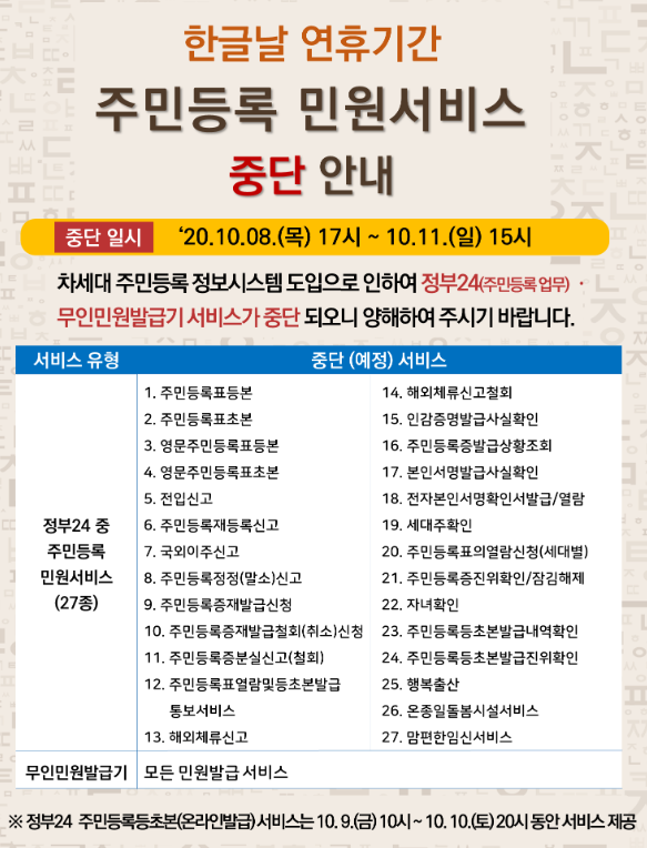 한글날 연휴기간 주민등록 민원서비스 중단 안내