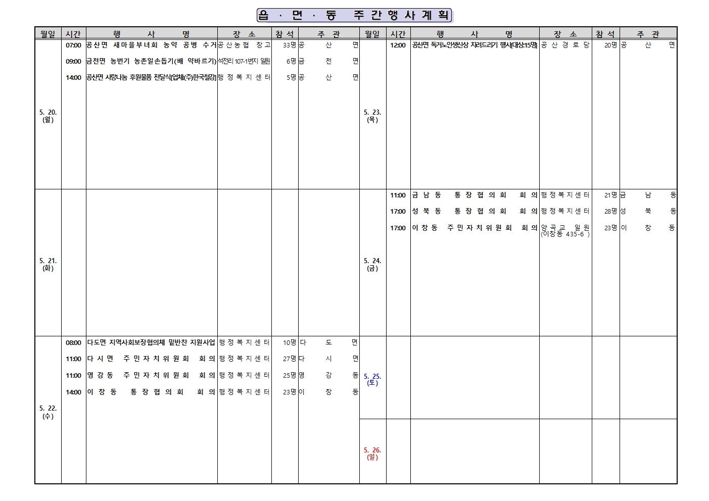 읍면동 주간행사계획(5. 20. ~ 5. 26.)