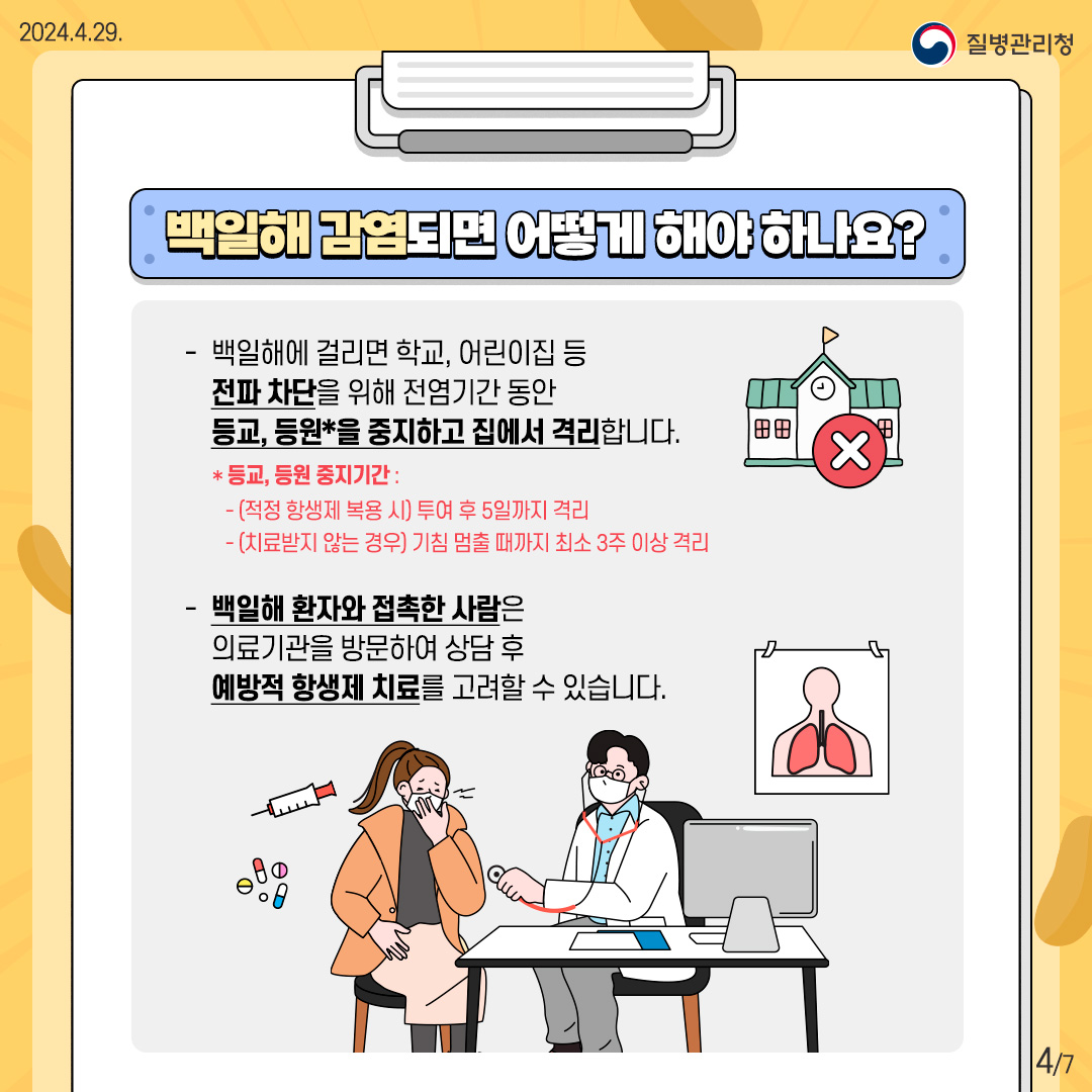 백일해 감염되면 어떻게 해야하나요? 백일해에 걸리면 학교, 어린이집 등 전파 차단을 위해 전염기간 동안 등교, 등원을 중지하고 집에서 격리합니다. 등교, 등원 중지기간: (적정 항생제 복용시)투여 후 5일까지 격리,(치료받지 않는 경우)기침 멈출때 까지 최소 3주 이상 격리 백일해 환자와 접촉한 사람은 의료기관을 방문하여 상담 후 예방적 항생제 치료를 고려할 수 있습니다하