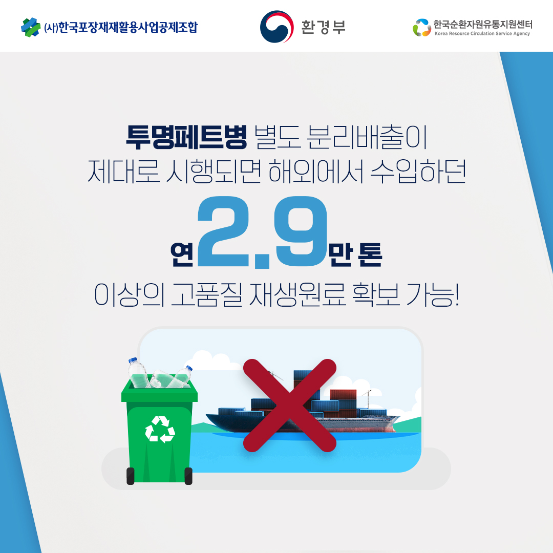 [(사)한국포장재재활용사업공제조합 | 환경부 | 환경순환자원유통지원센터(Korea Resource Circulation Service Agency)] 투명페트병 별도 분리배출이 제대로 시행되면 해외에서 수입하던 연2.9만톤 이상의 고품질 재생원료 확보 가능! (화물이 담딘 배 엑스표시, 투명 페트병이 담긴 재활용 표시된 쓰레기통 그림)