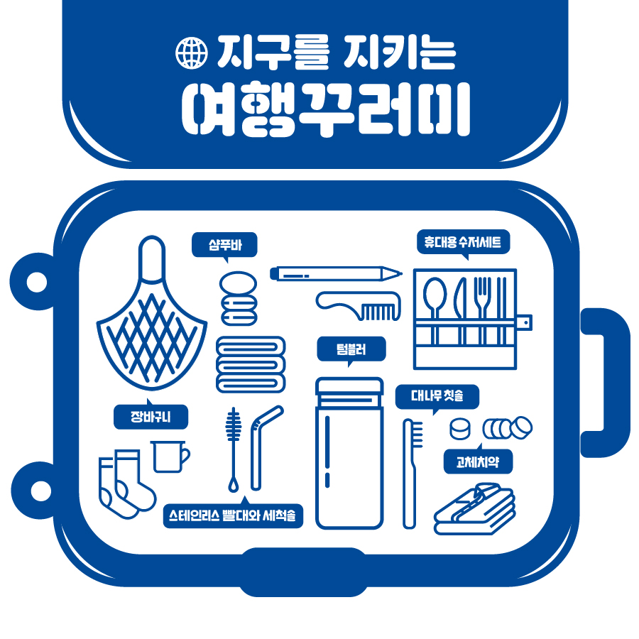 지구를 지키는 여행꾸러미 | 샴푸바, 장바구니, 스테인리스 빨대와 세척솔, 텀블러, 휴대용 수저세트, 대나무 칫솔, 고체치약 (각 그림 포함)